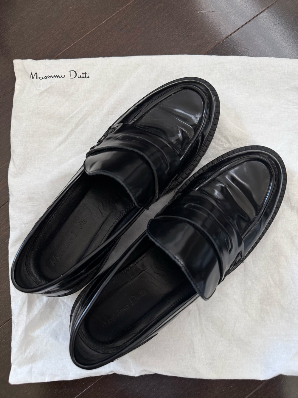 Massimo Dutti Black Patent Leather Penny Loafers